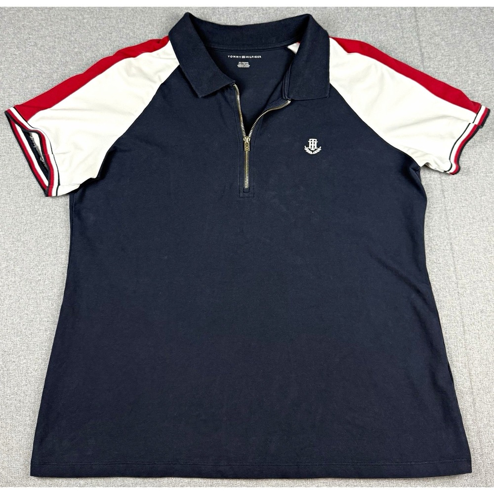 Tommy Hilfiger Womens XL Polo Shirt Navy Red White Colorblock 1/4 Zip Crest